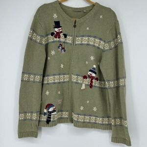 Vintage‎ Snowman Zip Cardigan Sweater Fair Isle XL Green Angora Wool Blend read